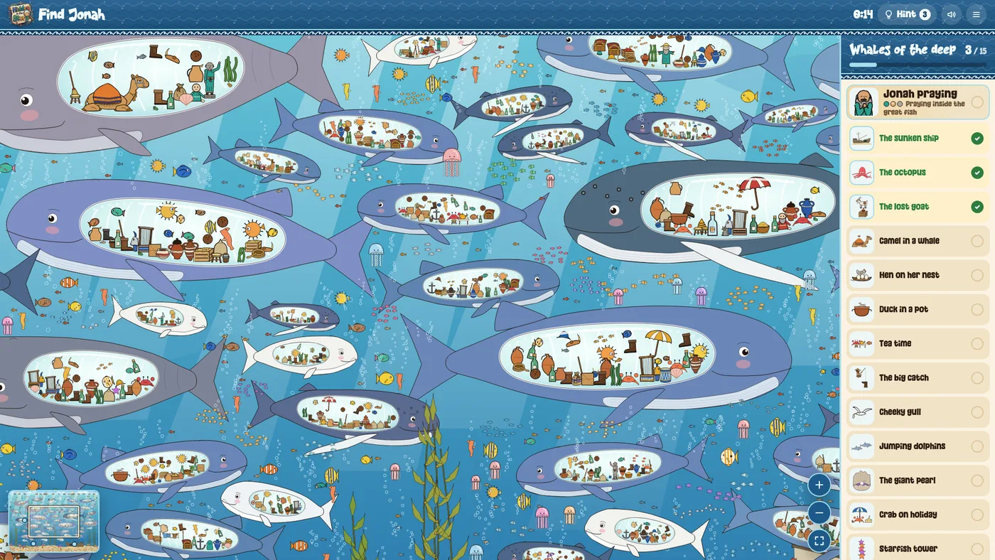Jonah's scene: a deep blue sea full of whales, each one carrying a tiny world inside, with the checklist on the right